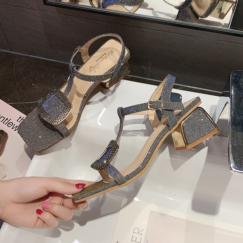 Zomer dames sandalen luxe glanzende strass schoenen meisje blauw hoge dikke hak romeinse schoenen casual avond feest sandalen