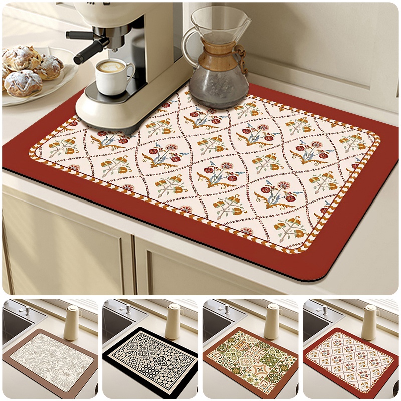 Estera de secado de platos impresa, esteras antideslizantes para vajilla de cocina, almohadilla de drenaje de café de absorción rápida, almohadilla de drenaje para vajilla, decoración del hogar