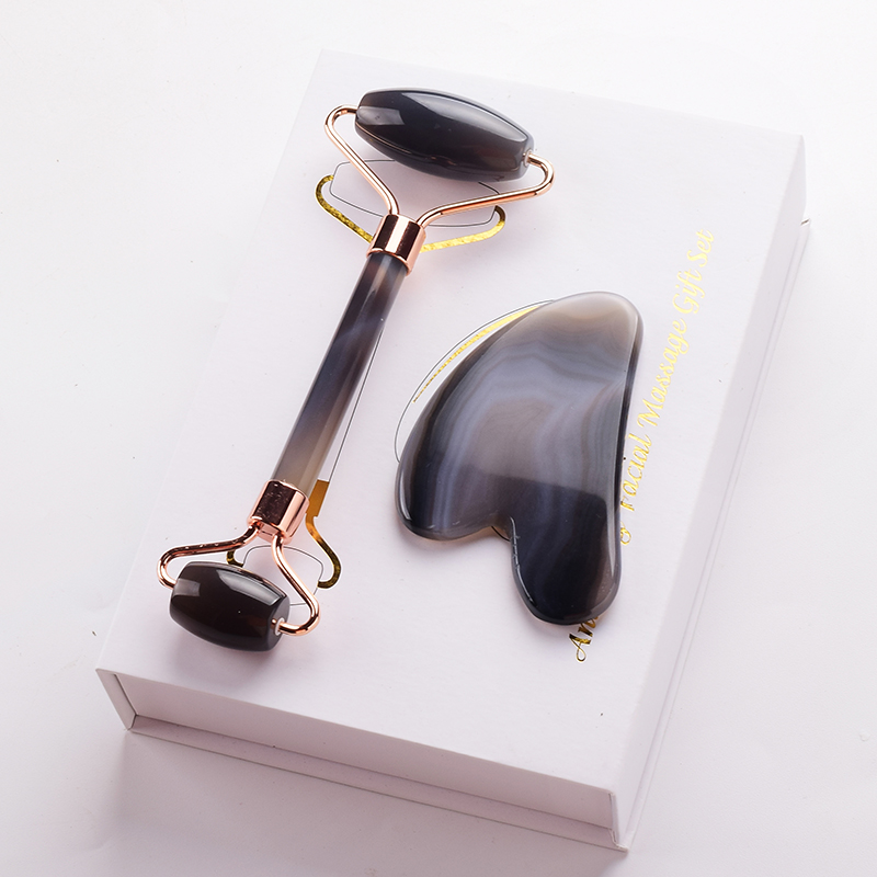 Masajeador con rodillo de Jade de ágata gris, raspador Gouache para cara, herramientas para el cuidado de la piel, masajeadores de elevación de belleza para espalda y cuerpo Natural