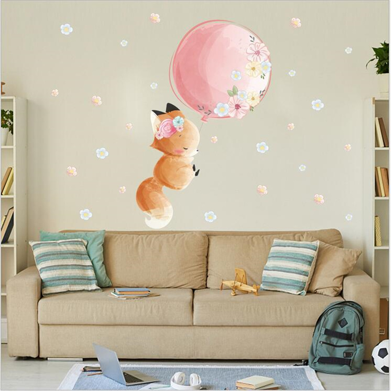 1 pz cartone animato rosa volpe palloncino fiori stelle adesivi murali per ragazze telecamera da letto per bambini vinile arte murale adesivi murali fai da te 30*60CM
