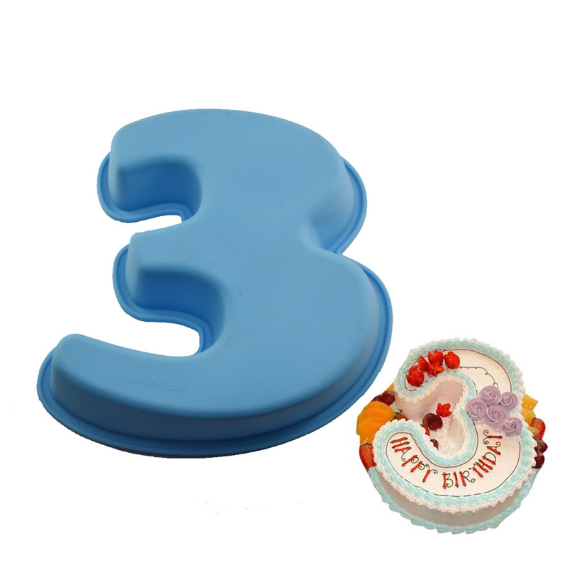 100% Food Grade Grote non-stick Siliconen Nummer 3 Cakevorm Pan DIY Bakken Tin Verjaardag Anniversary 3th Cake mallen