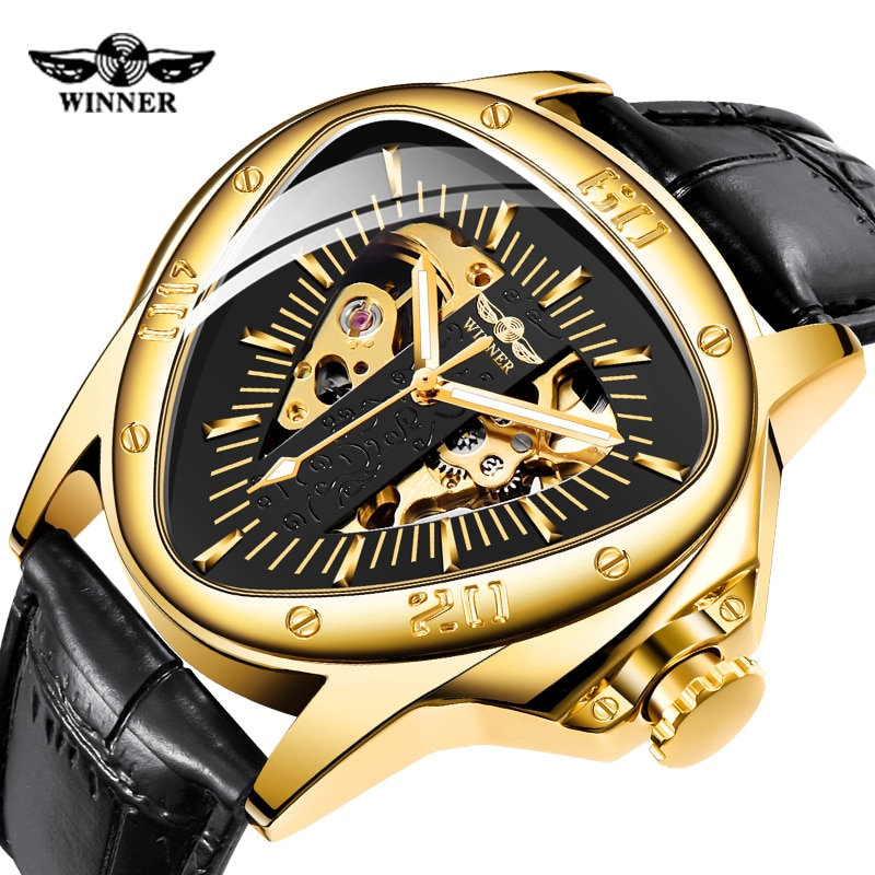 WINNER Men Automatic Mechanical Watches Steampunk Triangle Golden Skeleton Movement Mysterious Luminous