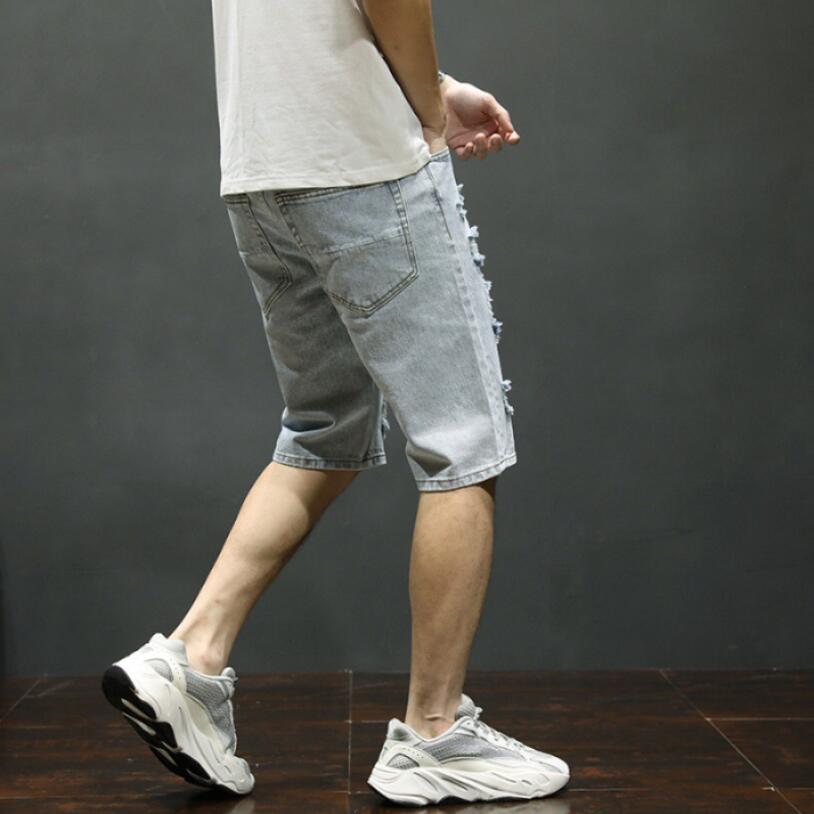 Men Light Blue Denim Shorts Holes Shorts Jeans Good Men Cotton Slim Fit Casual Jeans Shorts Large Size Straight Jeans 42