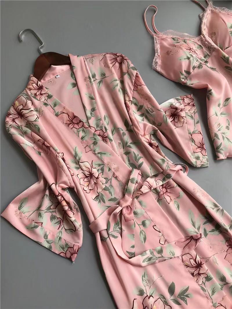 3 PCS Women Pajamas Sets with Pants Sexy Pyjama Satin Flower Print Nightwear Silk Negligee Sleepwear Sexy Homewear