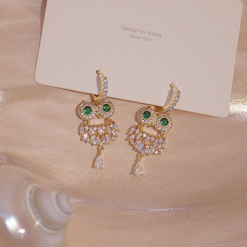 14k Real Gold Exquisite owl Zircon Earring for Women AAA Zircon Green Crystal Earring Daily Pendant Birthday: Default Title