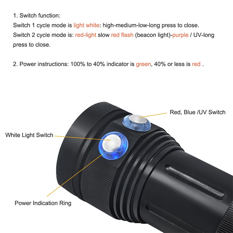 Scuba Diving Underwater 100M XM-L2 LED Video Camera Photography Light Torch Flashlight A15