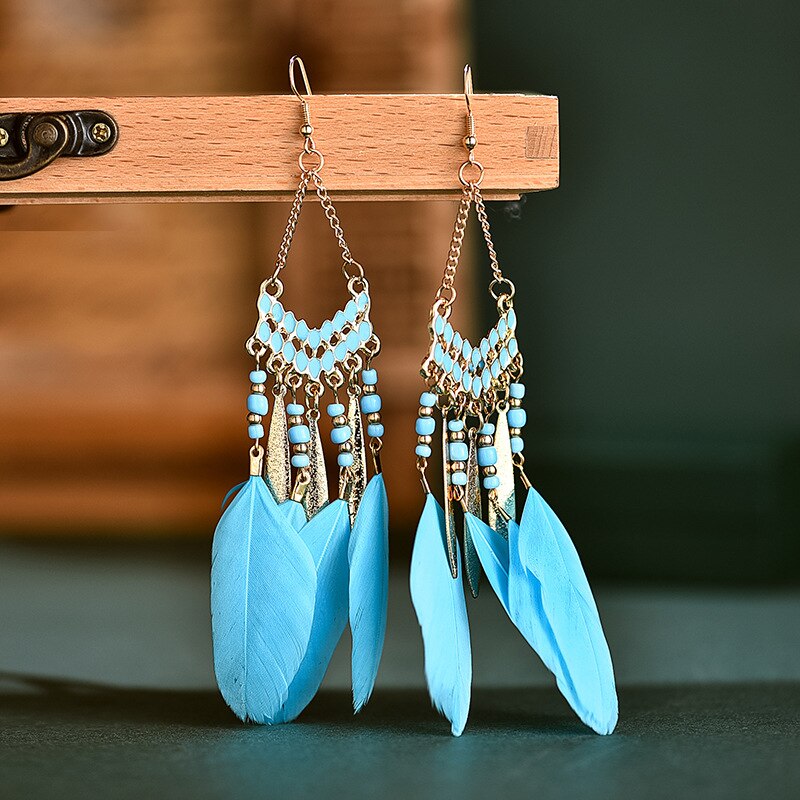 Pendientes colgantes de plumas bohemios para mujer, aretes largos de cuentas con borlas, joyería para , banquete,: E1420-10