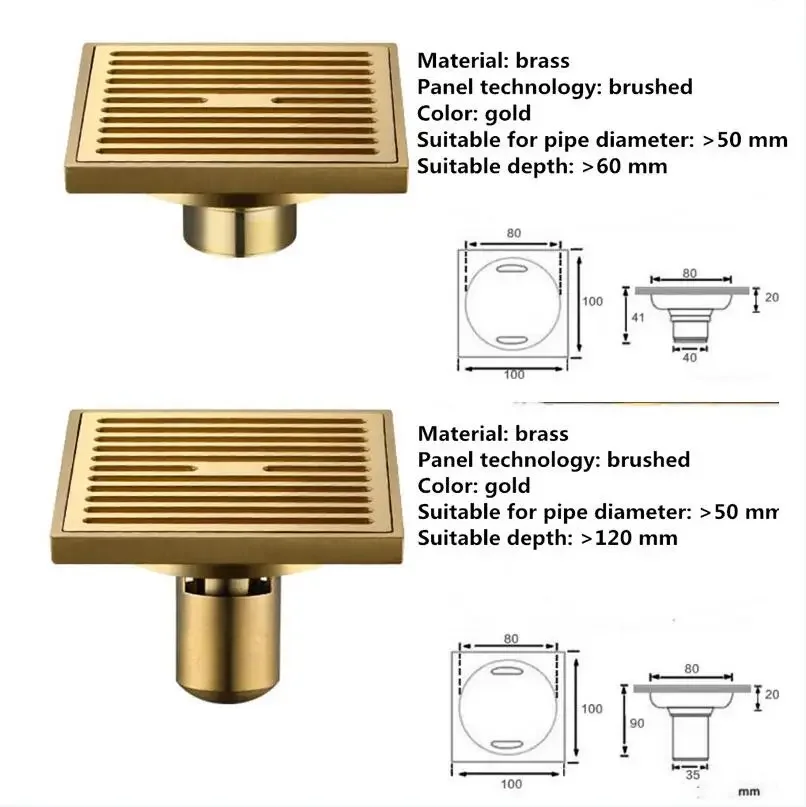 Desagüe de suelo dorado de 10x10cm, drenaje grueso de latón para prevención de olores, ducha, baño, balcón, lavadora, desagüe de suelo
