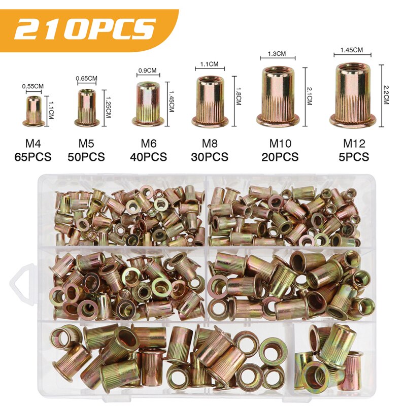 M3 M4 M5 M6 M8 M10 M12 Rivet Nuts Set Zinc Plated Nutserts Threaded Insert Nutsert Cap Flat Head Rivet Nuts Carbon Steel: 210PCS