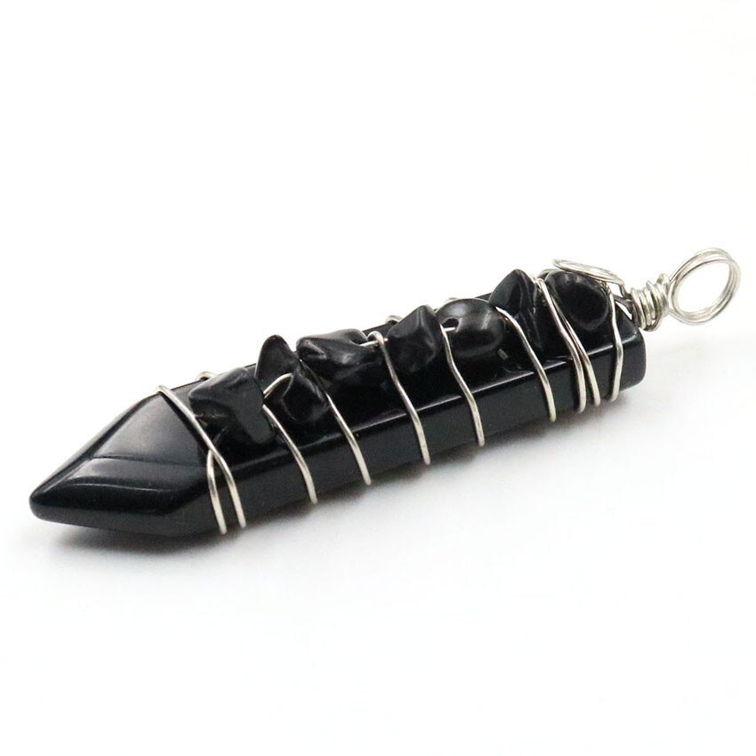 Reiki Handmade Wrap Pendulum 7 wisiorki czakry uzdrawiający kryształ naturalny klejnot kamień ametysty lazuryt Point miecz wisiorki: Black Agate
