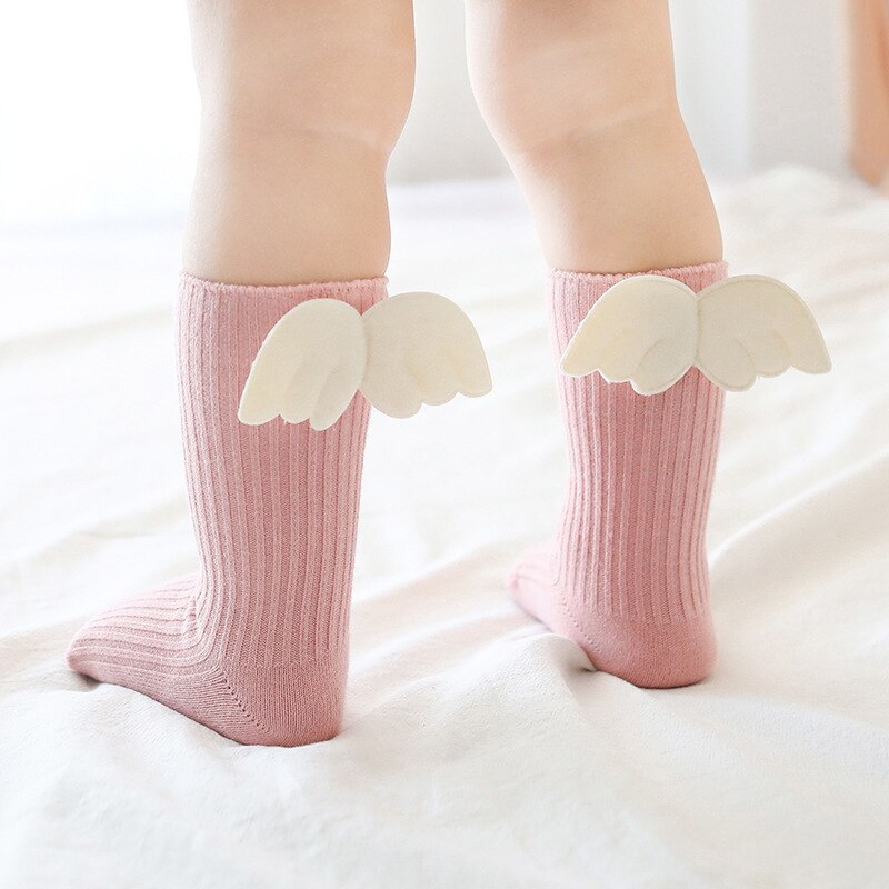 Angel Wings Baby Socks Spring Autumn Cotton Baby Girls Socks Solid Color Anti-Slip Kids Children Middle Tube Sock Sokken 1-3Y