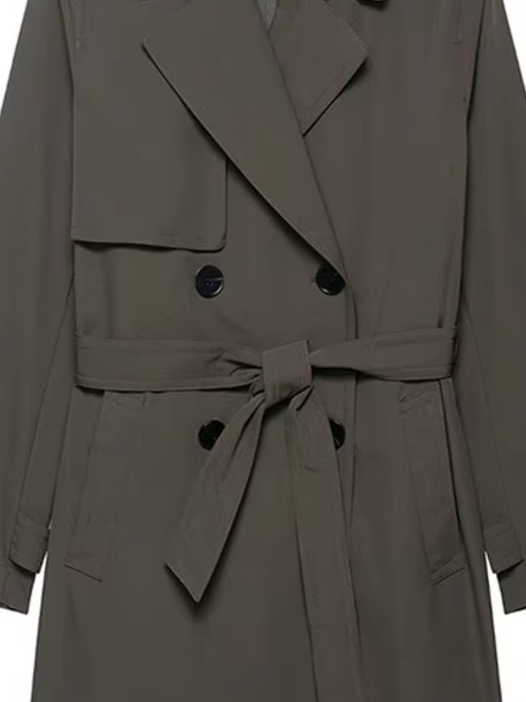 Dames donkergrijs halflange trenchcoat revers nek dubbele rij knopen gordel jas met volledige mouw herfst elegante tijdloze bovenkleding