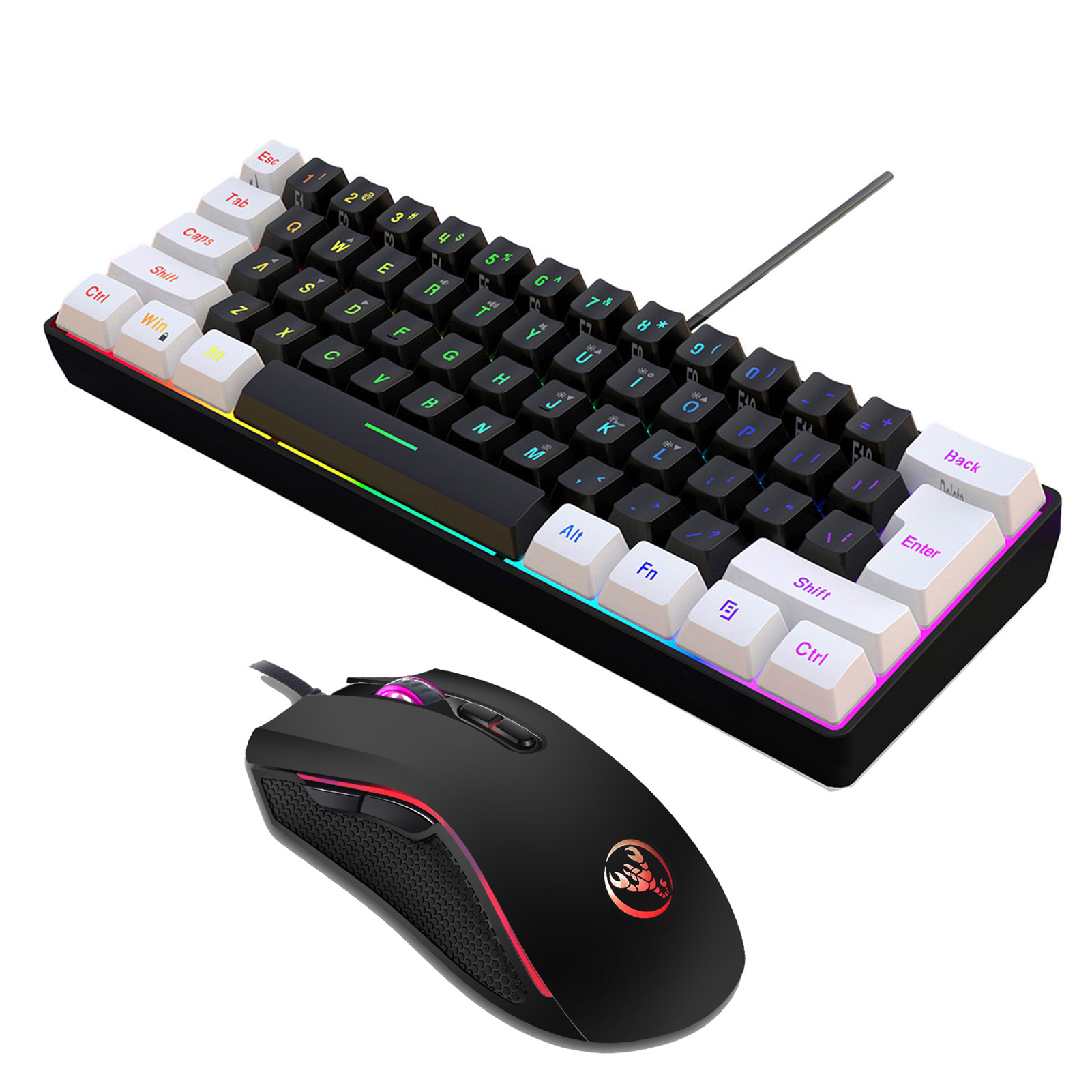 Usb computer keyboard and mouse set, , 61 keys, wired rgb backlighting + wired gaming mouse, colorful led lighting, , 4-- level movement speed