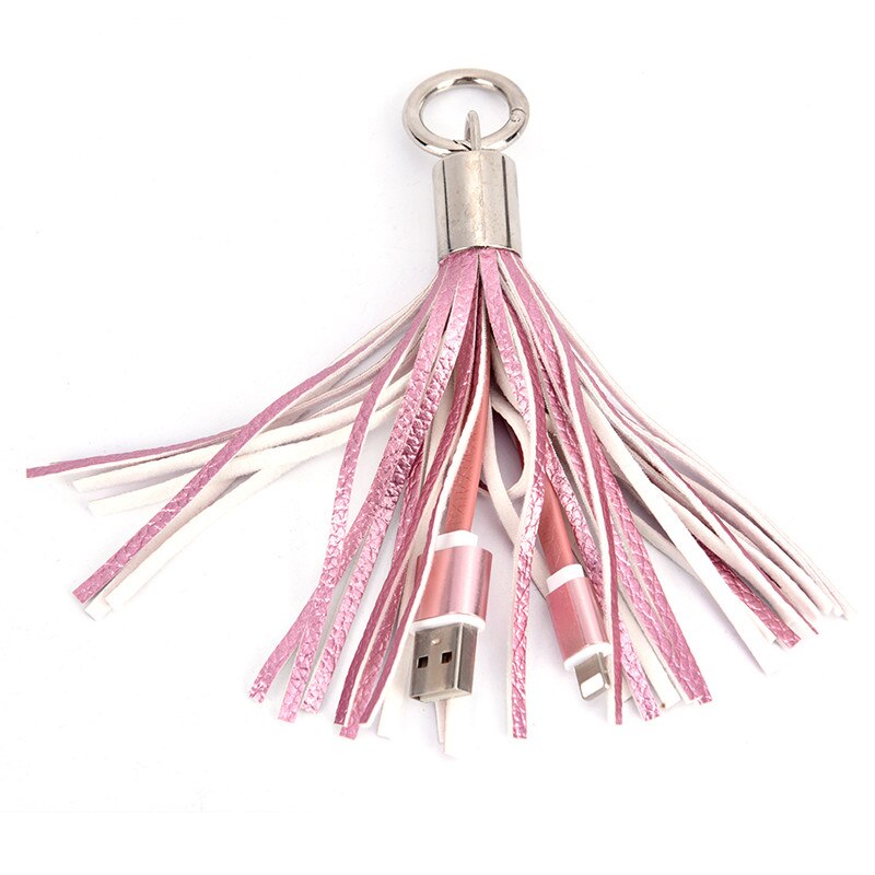 Mini USB cable phone with metal key ring data cable USB cable leather tassel key chain for iPhone: Pink