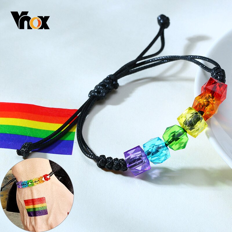 Vnox rainbow grânulos pulseiras para homens corda ajustável colorido claro frisado unissex orgulho lgbtq jóias