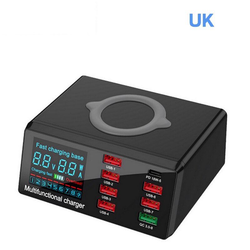 100W Multi USB Ladegerät Bahnhof PD 20W schnell aufladen 3,0 Qi Drahtlose Ladegerät 8 USB Häfen Schnelle Ladung Bahnhof für iPhone Huawei: UK Ladegerät