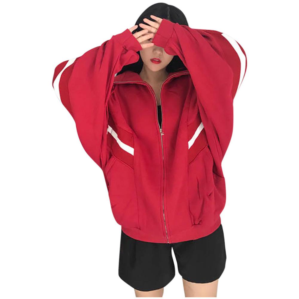 Chaquetas sueltas de manga murciélago para mujer, ropa con cremallera de empalme a rayas, prendas de vestir de manga larga, abrigos casuales para exteriores, ropa deportiva: Rojo / M