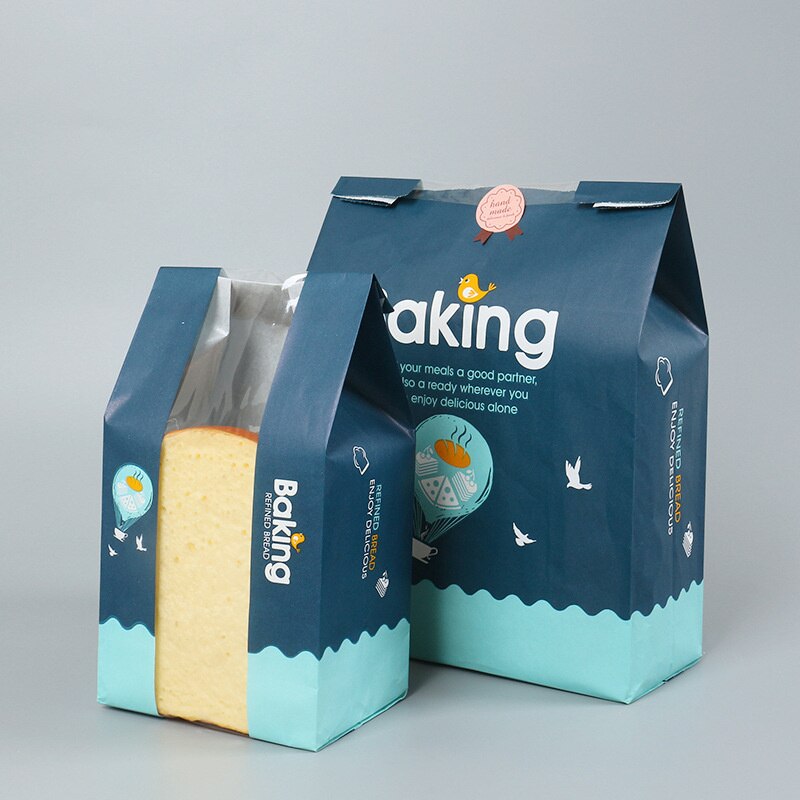 LBSISI Leven Kraft Brood Papieren Zak Met Venster Voorkomen Olie Liefde Toast Bakken Papieren Zak Takeaway Voedsel Hand Gemaakt Pakket tassen: Blue / 21x32x9cm
