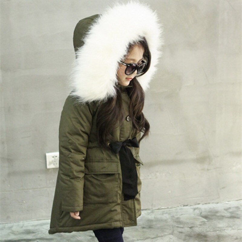 Girls Jackets Kids Faux Fur Collar Coat Korean Children Winter Outwear 3-11 years old Army Green Thick Warm Coat