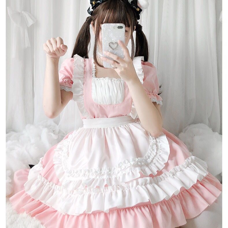 Vestido de sirvienta OP Lolita para dama, conjunto de disfraz de cómic Kawaii, suave, rosa, para cosplay