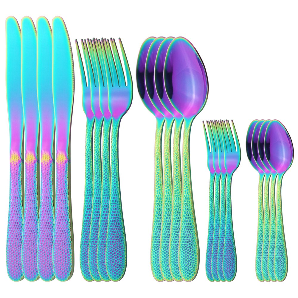 20Pcs Blue Flatware Dinnerware Set Knives Dessert Forks Spoons Cutlery Set Stainless Steel Tableware Home Kitchen Silverware Set: Rainbow