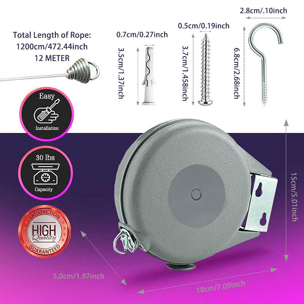 Retractable Clothesline Portable Heavy Duty Indoor Outdoor Single Clothes Drying Rack PVC Retracting Clothes Line