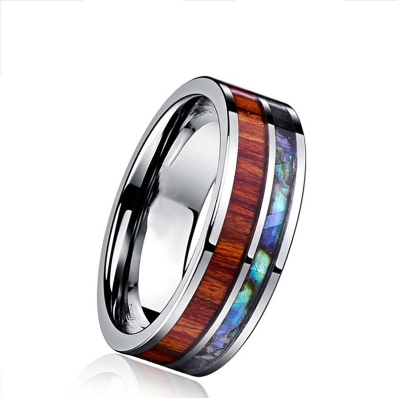 FDLK Schmuck 8mm Holz Koa Hawaiian und Abalone Shell Edelstahl Ringe für Männer Comfort Fit Ring