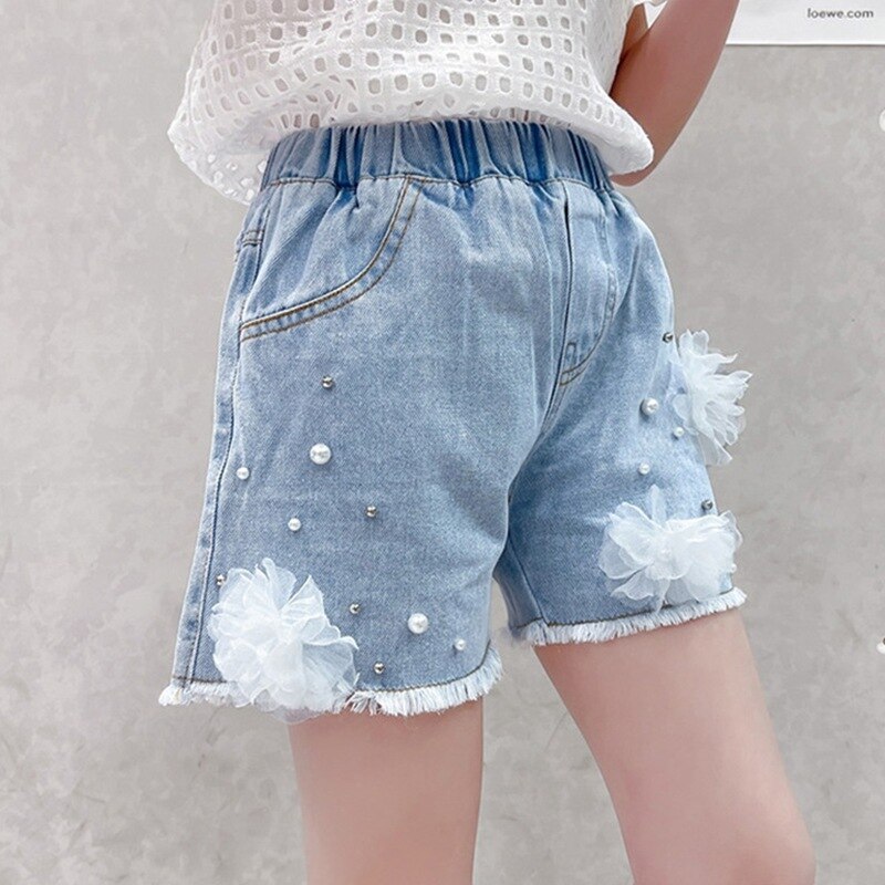 Baby Meisje Jeans Prinses Elastische Taille Parel Kant Bloem Denim Shorts Party Kid Kinderen Zomer Kleding Voor Meisje