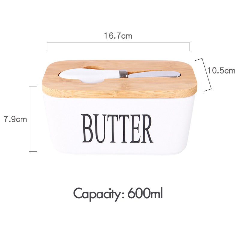 Ceramic Wooden Butter Box Cheese Tray Rectangular White Dish with Lid Oil Container for Butter Keeps Butter Storage Case Jar: White