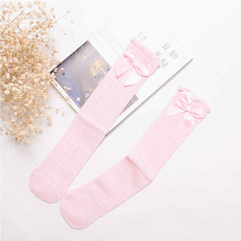 Calentadores de piernas para niños, calentador de piernas con lazo y boca de burbuja, tubo Alto hasta la rodilla, sección delgada, sin talón, para bebés: pink bow front