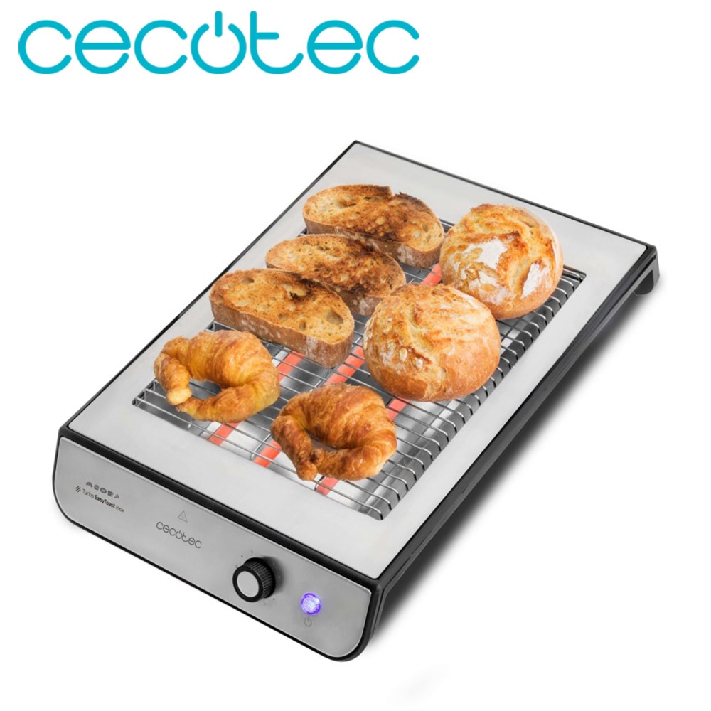Cecotec Tostador Plano Turbo EasyToast Inox 900W de Potencia con 3 Resistencias de Cuarzo Calentar Eficiente Fácil de Usa y Limpiar