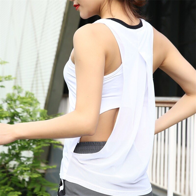 Women yoga T-shirt beauty back hollow mesh sports blouse running fitness vest: White / L