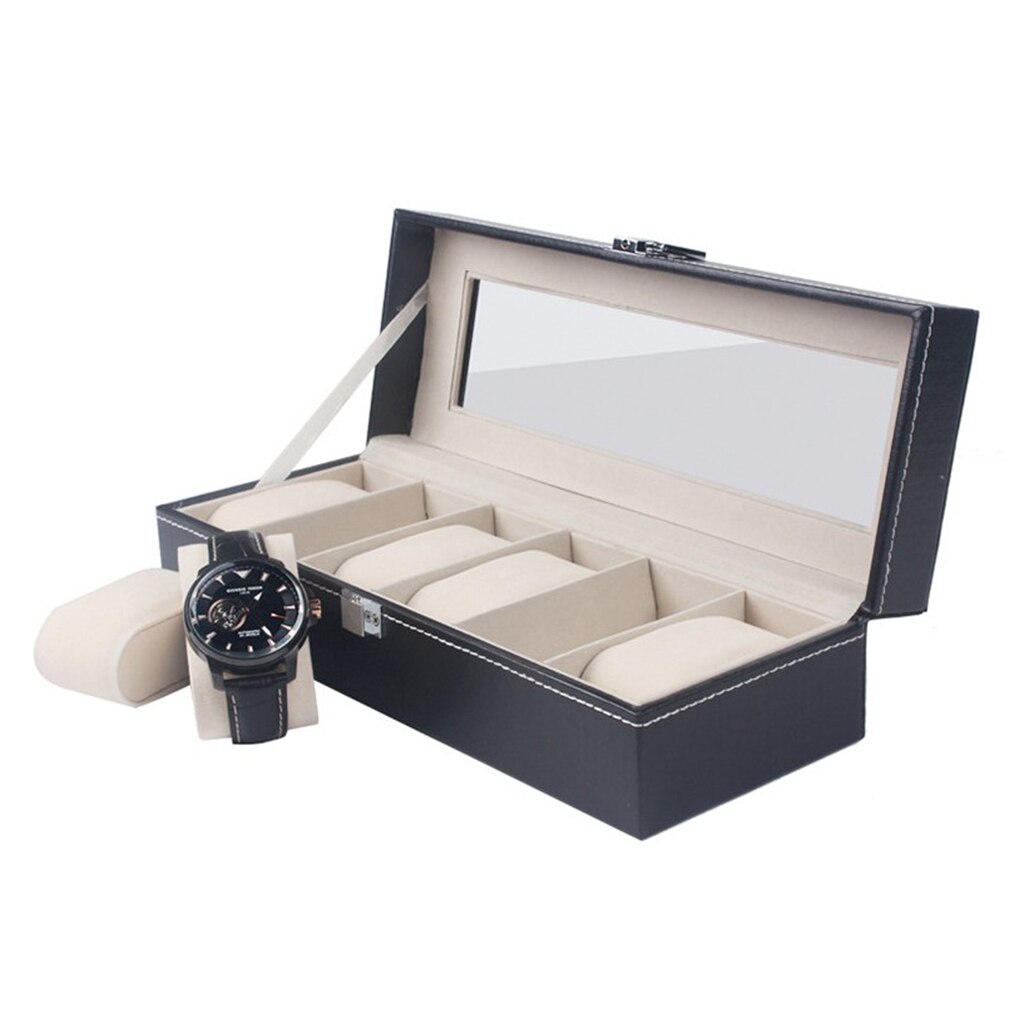 6 Slot Watch Box Case Holder Watch Showcase Lockable -Glass Lid