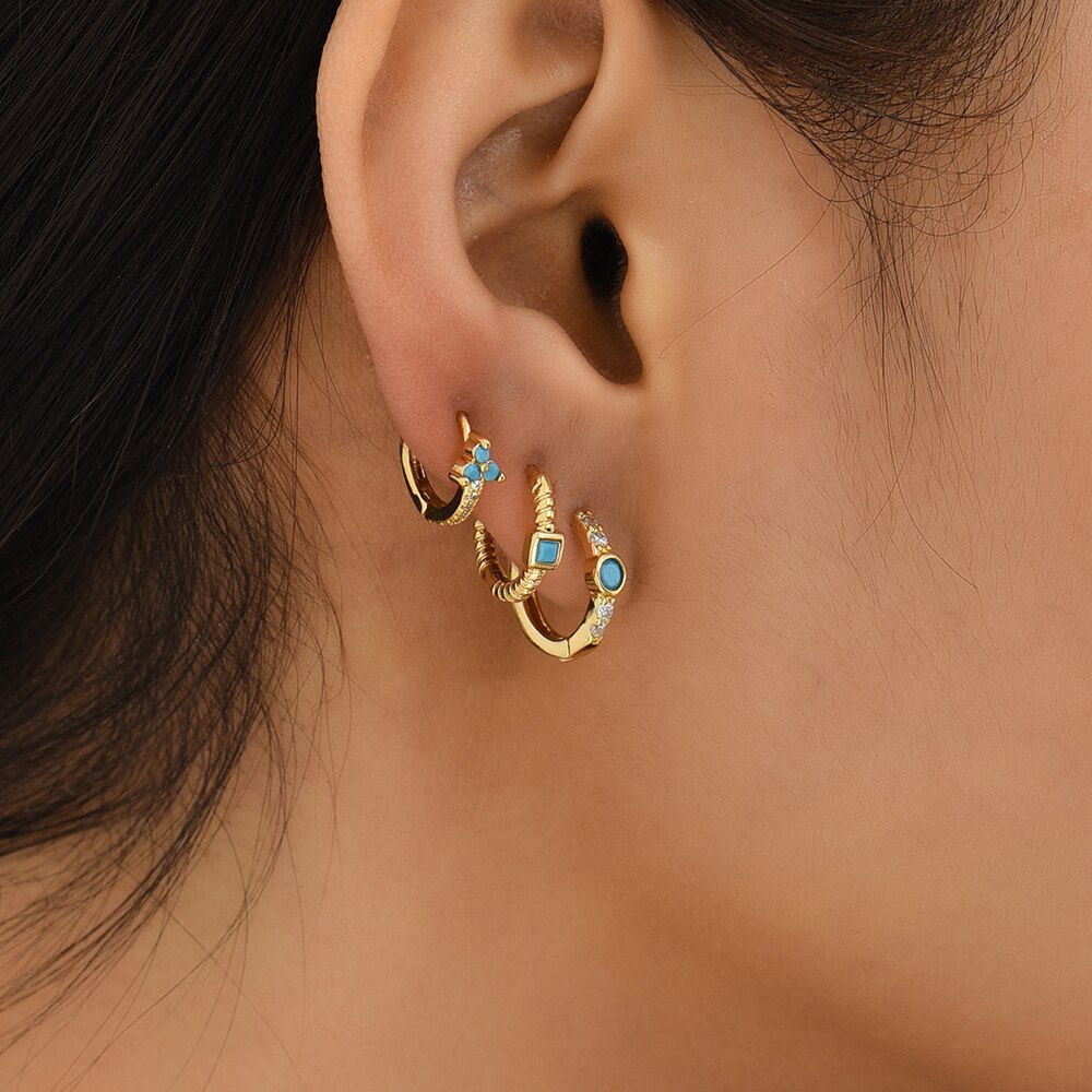 Conjunto de pendientes de aro pequeños de color turquesa para mujer, aretes redondos geométricos de circonia cúbica, cuentas verdes, joyería Huggie Brincos 2022, 3 pares: 3pair Style2