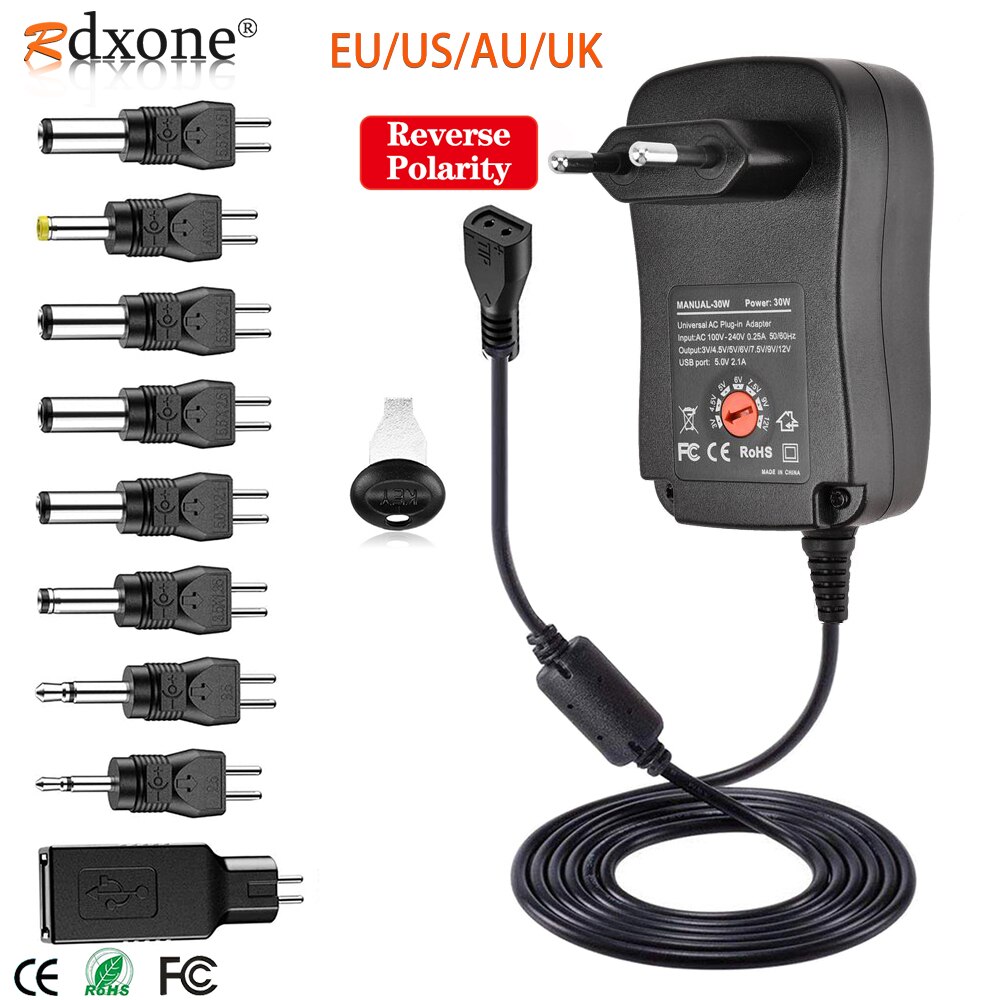 30W Universal AC Adapter Reversible Polarity Multi Voltage DC Power Supply, With 9pcs Adaptor Tips, Compatible With 3V to 12V
