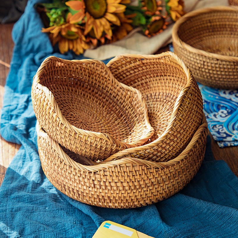 Handmade Straw Dried Tray Basket Hand-Woven Storage Box Rattan Box Natural Decoration