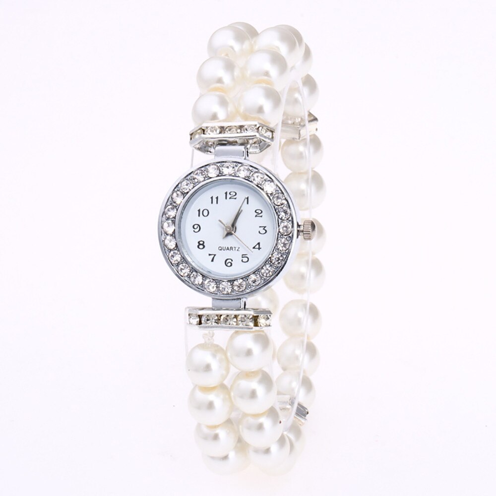 Dameshorloge met imitatieparelband, strass, kleine wijzerplaat, armbandhorloge, quartz polshorloge, relogio feminino klok: Wit
