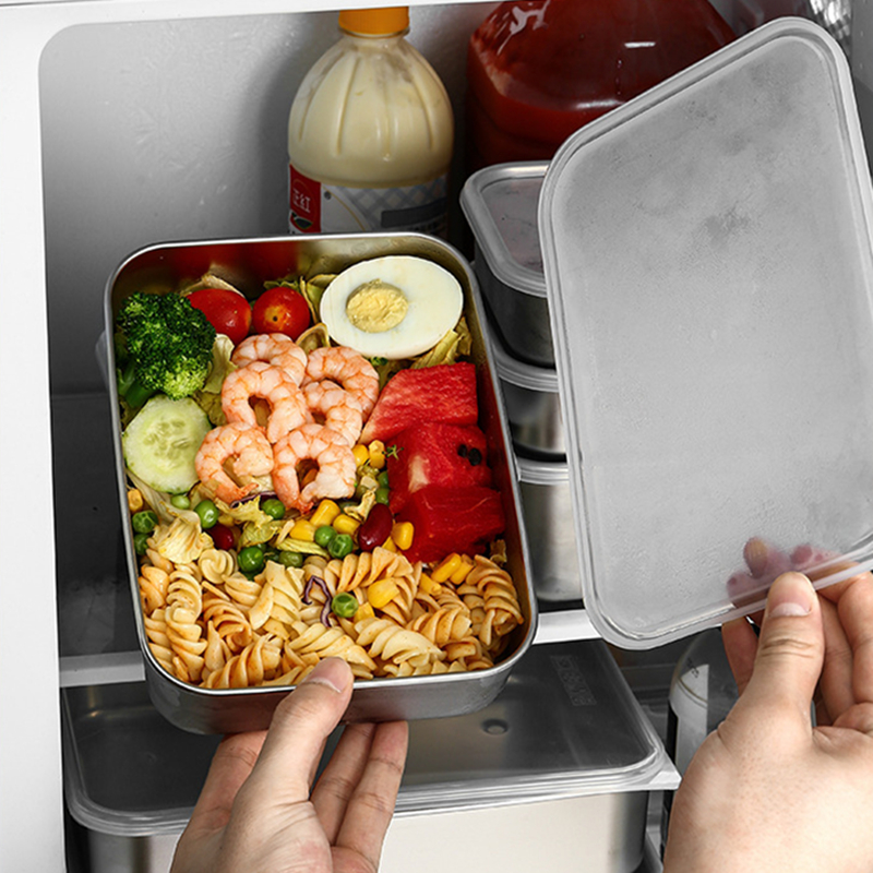 Bandejas de armazenamento de alimentos de aço inoxidável 304 com tampa geladeira mais nítida frutas seladas pan organizador recipiente pratos de cozinha
