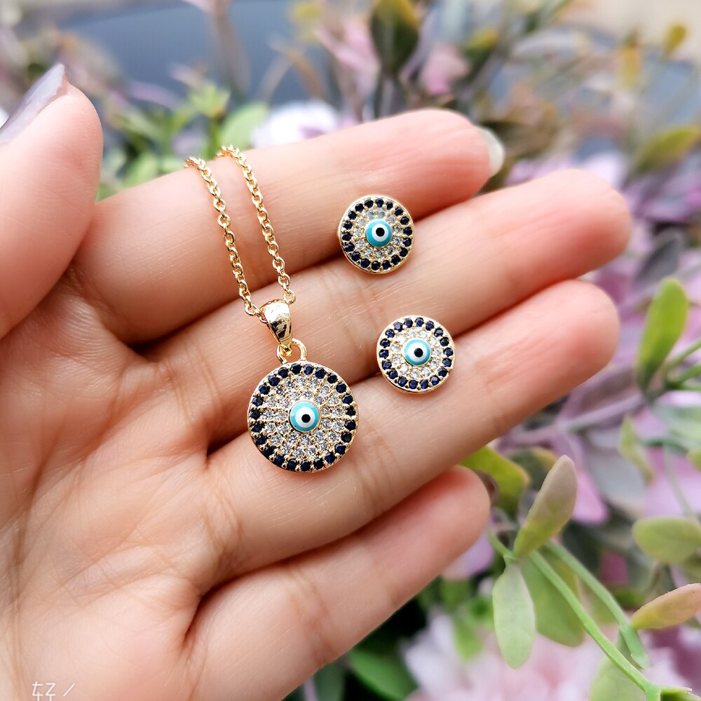 SINLEERY – collier et boucles d'oreilles mauvais œil bleu porte-bonheur, ensemble de bijoux pour femmes, petit pendentif rond, bijoux de d'été, , ZD1 SSP