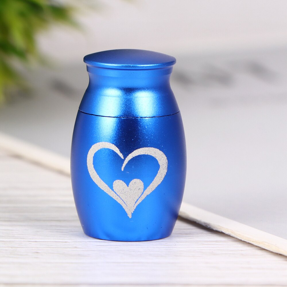 Pet Stainless Steel Cinerary Funerary Urn Jar Heart Printed Urn Container with Opening Screw Lid (Blue)