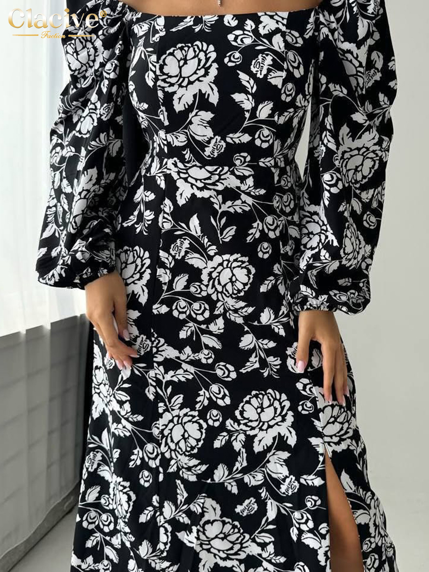 Clacive slim print damekjole bodycon firkantet krave lange ærmer midikjoler klassisk slids damekjole