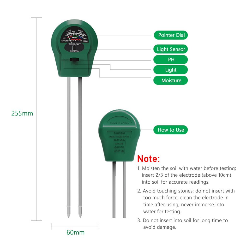 Pointer Soil Tester 3 in 1 Light/ PH/ Moisture Testing Multifunction Soil Test Probe Portable Soil IlluminationPH Humidity Meter