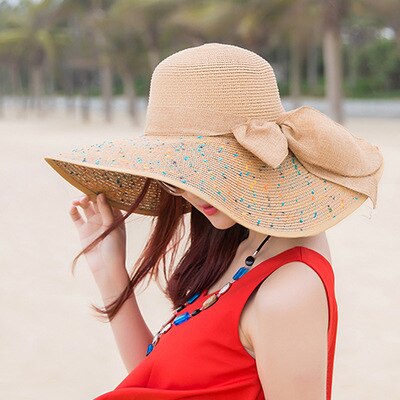 Women Ladies Summer Hats Straw Hats Bow Beach Foldable Sun Hats: Dot Coffee