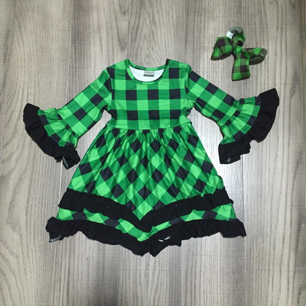 Baby meisjes herfst/winter jurk meisjes groene plaid jurk kinderen boutique jurk met boog