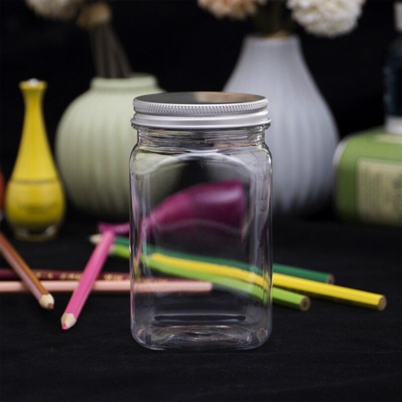 12PCS Condiment Jar Set,Transparent Plastic Bottle Food Packaging Bottle Airtight Metal Cap Empty Square Spice Container