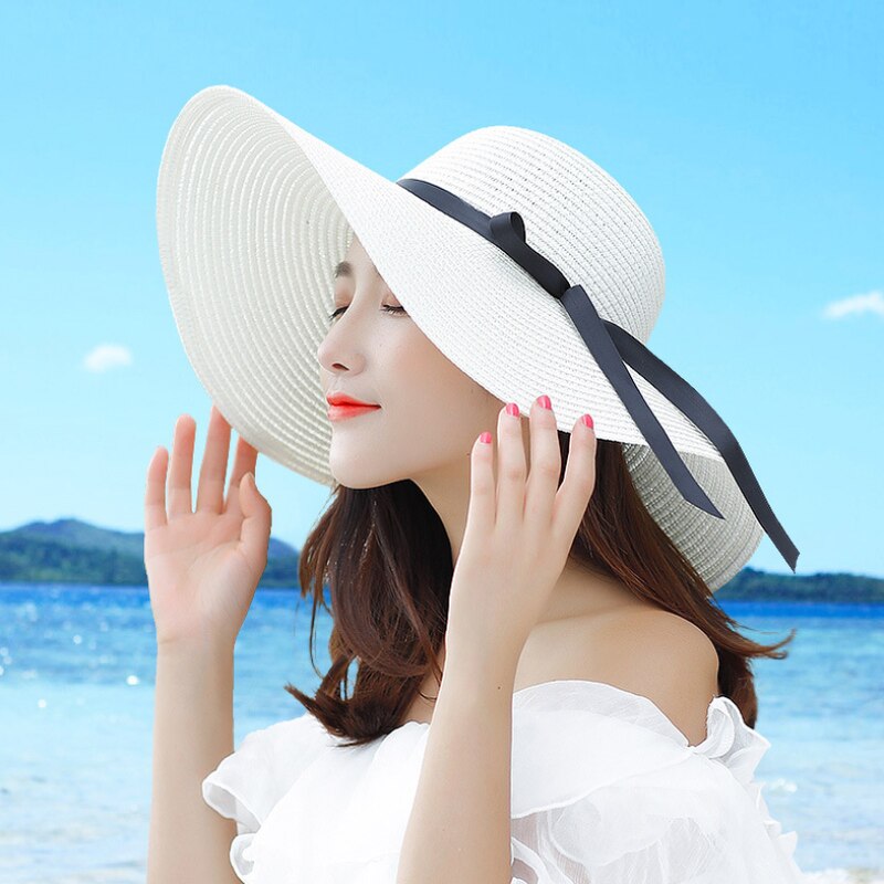 GOUTER-chapeau d'été résistant au soleil pour femmes, chapeau en paille pliable Portable à large bord, ruban de fête sur la plage, chapeau à nœud papillon