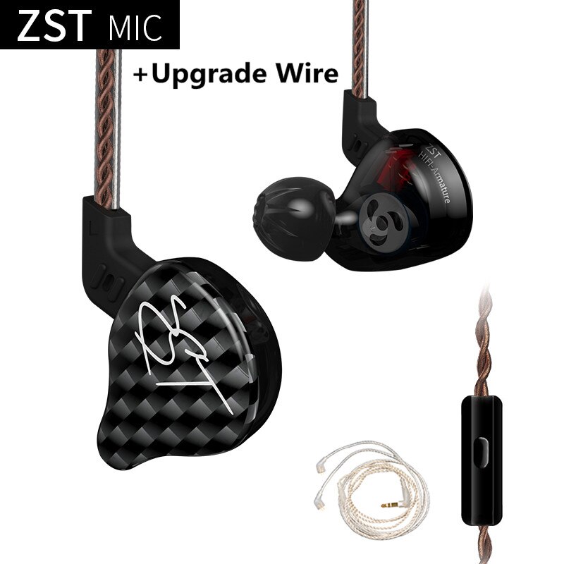 Kz Zst 1BA 1DD In Ear Oortelefoon Hybrid Headset Hifi Muziek Sport Oordopjes Noise Cancelling Oordopjes Vervangen Kabel Zsn Pro ES4 ZS10: black mic(silver)