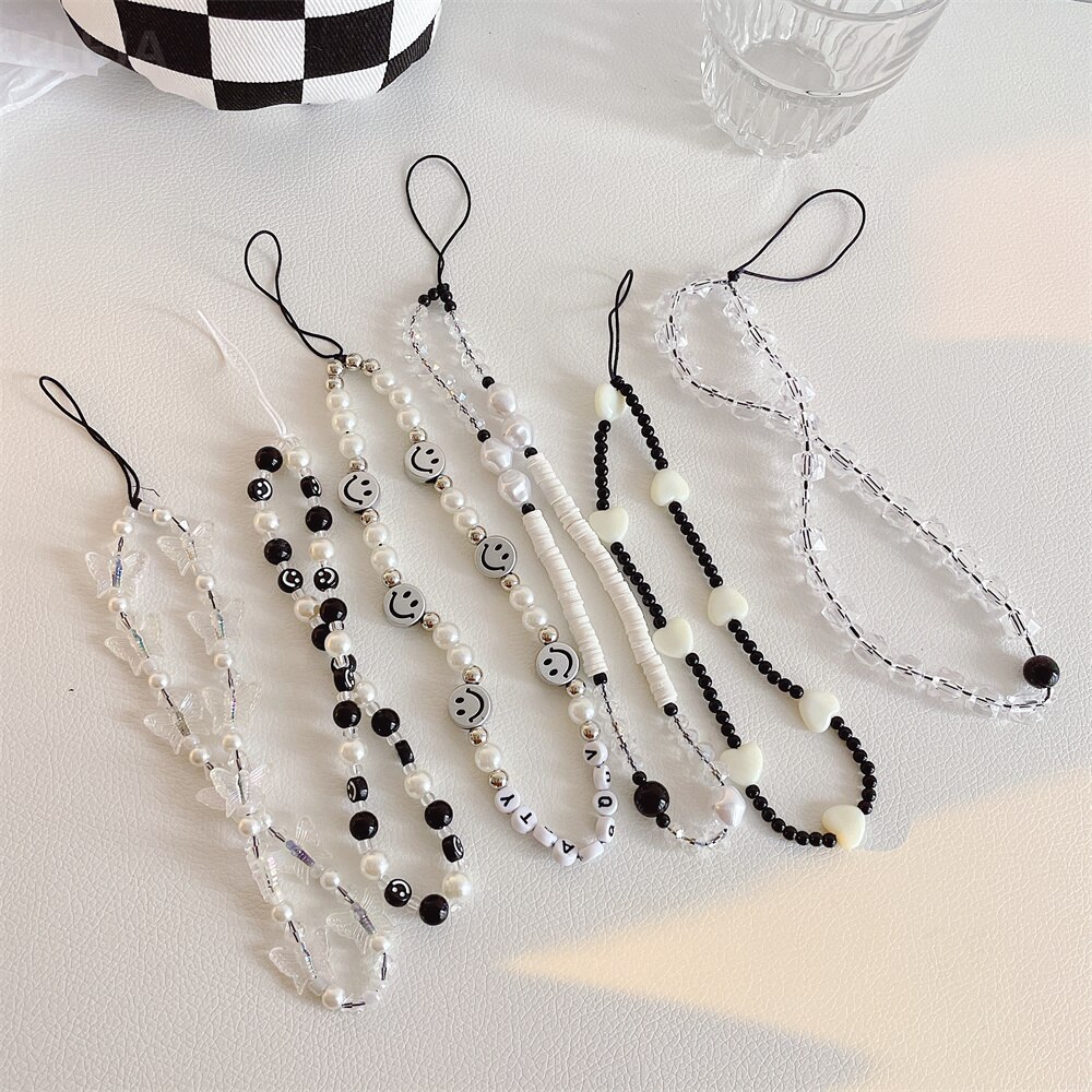 Trendy Multifunction Mobile Phone Chain Handmade Strap Lanyard Cute Bead Smile Butterfly Anti-lost Cellphone Case Rope For Women