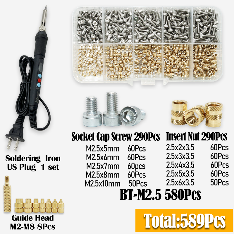 Messing Inzetmoer Met Soldeerbout Tip Set 3d Printer Melt Gekartelde Warmtedraad Insluiting Koperen Moeren 304 Roestvrijstalen Schroef: Goud