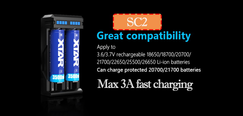 XTAR VC2 VC2 plus VC4 VC2S Colorful VA LCD battery charger for 10440/16340/14500/14650/18350/18500/18650/18700/21700/20700/17500: SC2